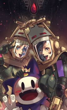 3girls :d absurdres amano_maya blue_eyes breasts brown_hair commentary demon_(megami_tensei) demonica duckpasta_flo helm helmet highres in-franchise_crossover jack_frost_(megami_tensei) large_breasts lisa_silverman maya_(megami_tensei) multiple_girls open_mouth persona persona_2 red_eyes shin_megami_tensei shin_megami_tensei:_strange_journey smile teeth upper_teeth_only v