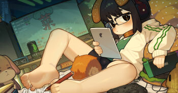1boy animal_ears barefoot between_toes bike_shorts black_eyes black_hair black_shorts brand_name_imitation brown_collar closed_mouth collar commentary commission controller english_commentary feet game_controller gamepad glasses green_shirt headphones holding holding_tablet_pc indoors jacket kotoba_(1074421015) male_focus monster_energy nintendo_switch open_clothes open_jacket original shirt short_hair short_shorts shorts shota soles solo tablet_pc tail toes white_jacket