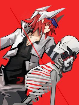 1boy absurdres aotu_world armband black_gloves black_shirt blood bone chinese_commentary closed_mouth collarbone cropped_jacket eyewear_on_head gloves goggles goggles_on_head headgear highres holding holding_skeleton jacket long_sleeves male_focus multicolored_gloves open_clothes open_jacket pants pectoral_cleavage pectorals pius_(aotu_world) profile red_background red_eyes red_hair scar scar_on_face shirt short_hair simple_background skeleton skull solo white_gloves white_jacket white_pants yuanlu75656