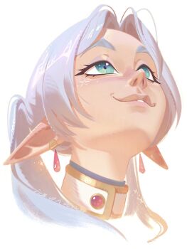 1girl artist_name commentary cropped_head earrings elf english_commentary frieren gold_trim green_eyes grey_hair hair_over_shoulder head_back highres jewelry long_pointy_ears looking_up making-of_available meme nicholas_kole parted_bangs pointy_ears simple_background solo sousou_no_frieren teardrop_earrings thick_eyebrows twintails upward_angle_frieren_drawing_(meme) white_background