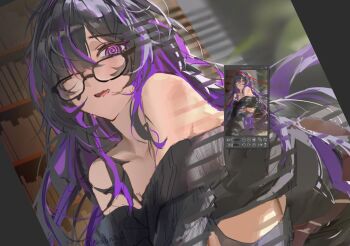 1girl bare_shoulders black-framed_eyewear black_hair black_sweater breasts commentary english_commentary glasses goddess_of_victory:_nikke hair_over_one_eye indoors label_(nikke) large_breasts long_hair multicolored_hair open_mouth purple_hair shalink solo streaked_hair sweater two-tone_hair