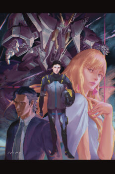 Rule 34 | 1girl, 2boys, absurdres, blonde hair, commentary request, formal clothes, gigi andalusia, gundam, gundam: hathaway's flash, hathaway noa, helmet, highres, holding, holding unworn helmet, kenneth sleg, long hair, mecha, mecha pilot suit, mixed-language commentary, mobile suit, multiple boys, necktie, nikoholala, realistic, robot, science fiction, signature, unworn headwear, unworn helmet, v-fin, xi gundam