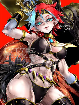 1girl arm_up armlet armpits belly_chain bikini black_bikini black_headband blue_eyes blue_hair blue_nails bracelet breasts cape cleavage collarbone commentary_request duel_monster earrings hair_between_eyes headband highres holding holding_rocket_launcher holding_weapon jewelry looking_at_viewer magical_musketeer_calamity medium_breasts midriff multicolored_hair navel parted_lips pointy_ears red_cape red_hair rocket_launcher short_hair smile solo standing swimsuit two-tone_hair watermark weapon yu-gi-oh! yukitaka_(zzzzz)