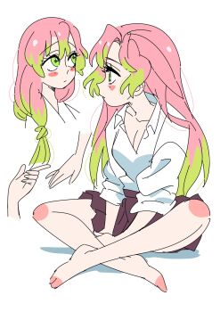 1girl barefoot blush_stickers breasts cleavage closed_mouth colored_tips crossed_legs green_eyes green_hair highres indian_style jaggy_lines kanroji_mitsuri kimetsu_no_yaiba looking_to_the_side multicolored_hair multiple_views on_floor pink_hair profile simple_background sitting soyeonp19 two-tone_hair white_background