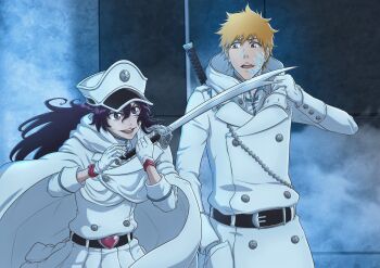 1boy 1girl absurdres alternate_costume alternate_universe bambietta_basterbine belt black_belt black_hair bleach bleach:_sennen_kessen-hen brown_eyes buttons coat double-breasted glowing_lines hair_between_eyes hand_in_pocket hat heart_belt_buckle highres holding holding_sword holding_weapon hood hood_down hooded_coat kurosaki_ichigo long_hair looking_at_viewer military_hat military_uniform open_mouth orange_hair shirt sonzhondaya sternritter sword sword_on_back teeth upper_teeth_only wandenreich_uniform weapon weapon_on_back white_coat white_shirt