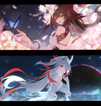 1girl absurdres animal_ears armlet bare_shoulders blue_butterfly blurry blurry_background bracelet breasts brown_hair bug butterfly china_dress chinese_clothes clover clover_hair_ornament commentary_request dress droopy_ears falling_petals hair_ornament hairband highres hollow_(zenless_zone_zero) insect jewelry jiang_zhuti_jiojio letterboxed long_hair looking_at_viewer medium_breasts metal_bracelet multicolored_hair open_mouth outdoors parted_lips petals red_eyes see-through_horns silver_armlet silver_bracelet smile split_screen white_dress white_hair white_hairband ye_shunguang zenless_zone_zero