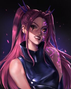 Rule 34 | 1girl, absurdres, black eyeshadow, body markings, clenched teeth, commentary, earrings, eyeshadow, high collar, highres, jewelry, kpop demon hunters, makeup, mira (kpop demon hunters), nisumi art, pink lips, shirt, sidelocks, signature, sleeveless, sleeveless shirt, solo, teeth, turtleneck, twintails, upper body, yellow eyes