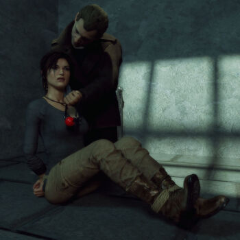 1boy 1girl 3d arms_behind_back ball_gag bdsm bondage bound bound_ankles bound_wrists breasts brown_eyes brown_hair gag holding_gag imminent_gagging iorel-renders jewelry konstantin lara_croft necklace rope tomb_raider