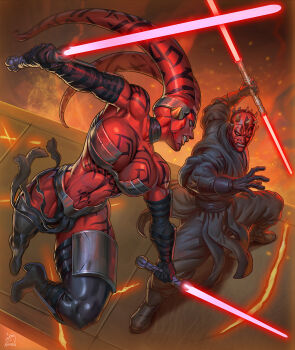 1boy 1girl alien black_boots black_gloves black_pants black_tunic boots breasts cleavage colored_skin commentary darth_maul darth_talon double_bladed_lightsaber dual_wielding elbow_gloves energy_sword english_commentary gloves highres holding horns lightsaber medium_breasts pants pelvic_curtain red_lightsaber red_skin star_wars sword thigh_boots tunic twi'lek weapon xevious_art zabrak