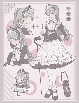 1girl absurdres apron arknights black_dress black_gloves black_shoes chibi closed_mouth cross dress flower full_body gloves grey_eyes grey_hair hakoniwa_neko hand_on_own_cheek hand_on_own_face hand_on_own_hip head_wings highres holding holding_sword holding_weapon irene_(arknights) juliet_sleeves lantern long_hair long_sleeves looking_at_viewer maid_headdress multiple_views ponytail puffy_sleeves rose scar scar_across_eye scar_on_face shoes socks standing sword weapon white_apron white_socks wings