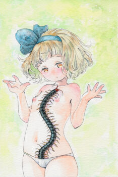 1girl bestiality blonde_hair bug centipede commentary_request flat_chest hairband highres loli looking_down navel nipples orange_eyes original painting_(medium) panties pen_(medium) sato_(osappun) short_hair solo topless_female traditional_media underwear watercolor_(medium) white_panties zoophilia