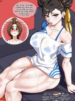2girls blue_bra blush bra bra_visible_through_clothes breaking breasts brown_eyes brown_hair capcom chun-li clarkekitsp coconut coconut_between_thighs collarbone couch double_bun earrings english_text eyebrows_hidden_by_hair eyeliner fatal_fury fatal_fury:_city_of_the_wolves hair_between_eyes hair_bun hair_ribbon heart heart_in_eye highres jewelry large_breasts looking_at_viewer makeup multiple_girls muscular muscular_female open_mouth ponytail red_background red_eyeliner ribbon round_image shiranui_mai shirt short_sleeves sitting speech_bubble staring street_fighter sweat symbol_in_eye the_king_of_fighters thick_thighs thighs underwear wet wet_clothes white_shirt