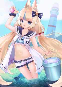 Rule 34 | 1girl, animal ear fluff, animal ears, belt, bikini, blonde hair, blue belt, blue bikini, blue bow, blue streaks, bow, breasts, bucket, cat ears, cloud, dress, fins, fish girl, fish tail, hair bow, highres, holding, holding bucket, holding seashell, indie virtual youtuber, lifebuoy hair ornament, lighthouse, long hair, looking at viewer, multicolored hair, navel, one side up, open clothes, open dress, open mouth, outdoors, sameko saba, sameko saba (1st costume), shorts, small breasts, smile, solo, streaked hair, swimsuit, tail, tundrea, very long hair, virtual youtuber, wading, water, white dress, white shorts