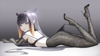 1girl absurdres ass black_bra black_gloves bra breasts elbow_gloves feet_up gloves gradient_hair grey_eyes high_heels highres hololive hololive_english hooked_on_heel izume_me lace_pantyhose lace_pantyhose_hooked_on_heel_(meme) lying meme multicolored_hair ninomae_ina&#039;nis on_stomach orange_hair pantyhose purple_hair small_breasts solo tentacle_hair the_pose underwear virtual_youtuber