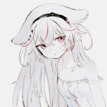 Rule 34 | 1girl, animal ears, collarbone, dog ears, dog girl, dress, greyscale, guild cq, hair between eyes, hair ornament, highres, kurenagi eri, long hair, looking at viewer, monochrome, off-shoulder, open mouth, parted lips, red eyes, ribbon, simple background, solo, strap slip, upper body, virtual youtuber, white background, yorunogumo