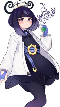 1girl absurdres belt belt_buckle black_dress blue_gloves blush bob_cut buckle chandelure closed_mouth coat doodle_inset dress gen_5_pokemon gloves gwynn_(pokemon) hashtag-only_commentary hat highres holding inuinukawae leg_up long_sleeves looking_at_viewer nintendo o-ring o-ring_belt open_clothes open_coat pantyhose partially_fingerless_gloves pokemon pokemon_(creature) pokemon_legends:_z-a purple_eyes purple_hair short_hair white_background white_coat