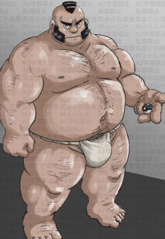 1boy bara barefoot big_belly black_hair closed_mouth commentary_request facial_hair fat full_body fundoshi holding holding_poke_ball japanese_clothes kimagure_monja looking_at_viewer male_focus mohawk muscular muscular_male navel nintendo nipples pectorals philippe_(pokemon) poke_ball pokemon pokemon_legends:_z-a solo sparse_chest_hair standing strongman_waist thick_thighs thighs topless_male watermark