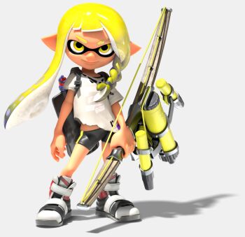1girl 3d bare_arms bike_shorts blonde_hair boots braid closed_mouth expressionless eye_mask eyebrow_cut full_body gradient_hair grey_boots holding holding_weapon ink_tank_(splatoon) inkling inkling_girl inkling_player_character long_hair long_pointy_ears looking_at_viewer mask multicolored_hair nintendo official_art pointy_ears shirt short_eyebrows short_hair_with_long_locks side_braid sidelocks solo splatoon_(series) splatoon_3 spotted_hair standing t-shirt tentacle_hair thick_eyebrows torn_clothes transparent_background tri-stringer_(splatoon) two-tone_hair v-shaped_eyebrows veronika_(splatoon) weapon white_shirt yellow_eyes