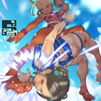 2girls ass barefoot bikini blonde_hair blue_eyes blue_one-piece_swimsuit bracelet braid brown_hair cammy_white capcom chun-li clenched_teeth closed_eyes commentary_request commission double_bun duel fighting_stance flying_kick hair_bun hair_pulled_back jewelry kicked kicking midair multiple_girls official_alternate_costume one-piece_swimsuit pink_bikini pixiv_commission soon_(c-u-soon) street_fighter street_fighter_6 swimsuit tan teeth twin_braids