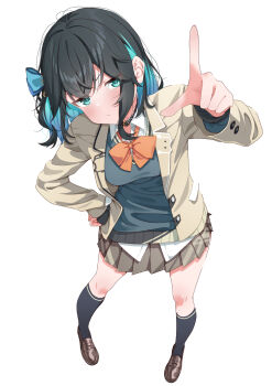 1girl black_choker black_socks blazer blue_eyes bow bowtie breasts choker commentary_request godai_01 grey_hair highres jacket loafers long_hair looking_at_viewer miyamai_moca orange_bow orange_bowtie pleated_skirt shirt shoes skirt small_breasts socks solo standing sweater voicepeak white_shirt