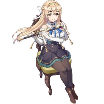 Rule 34 | 1girl, atelier (series), atelier ryza, black dress, black pantyhose, blonde hair, bow, braid, braided sidelock, breasts, brown eyes, brown hairband, chair, cleavage, closed mouth, cosplay, dolphin wave, dress, flute, full body, game cg, gloves, hair bow, hairband, half gloves, half up braid, highres, holding, holding flute, holding instrument, instrument, klaudia valentz, klaudia valentz (cosplay), looking at viewer, non-web source, official art, ootomo takuji, pantyhose, self-datamine, simple background, sitting, smile, solo, transparent background, white bow, white sleeves, wig, yamaba yume