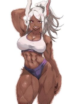 1girl abs alternate_costume animal_ears arm_up bare_arms bare_shoulders black_nails boku_no_hero_academia breasts buruma cleavage collarbone contrapposto dark-skinned_female dark_skin eddenikki highres large_breasts long_eyelashes long_hair looking_at_viewer mirko muscular muscular_female nail_polish navel parted_bangs ponytail purple_buruma rabbit_ears rabbit_girl red_eyes smile solo sports_bra stomach thick_thighs thighs white_hair white_sports_bra