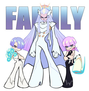 angel asymmetrical_clothes beard black_jumpsuit black_nails blue_eyes blue_hair blunt_bangs boots brothers choker earrings facial_hair father_and_son girly_boy gloves grey_hair grin hair_over_one_eye heaven_(kanji) highres jewelry jumpsuit long_hair looking_at_viewer lower_eyelashes_only male_focus mature_male multiple_boys panty_&amp;_stocking_with_garterbelt pink_hair polyester_(psg) polyurethane_(psg) purple_hair ramie_(psg) red_eyes short_hair siblings single_pantsleg single_thigh_boot skrillex_li sleeveless_jumpsuit smile thigh_boots title triangle_earrings very_long_hair waist_ribbon white_gloves white_jumpsuit