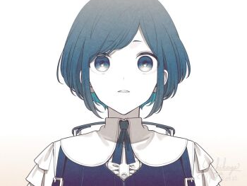 1girl blue_eyes blue_hair center_frills collared_shirt dated frills fukurai_azami kiri_(fog_kai) looking_at_viewer neck_ribbon parted_lips partially_colored ribbon shirt short_hair signature solo toshi_densetsu_kaitai_center upper_body white_background