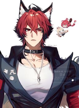 1boy 2girls alice_thymefield animal_ears black_hair black_jacket blonde_hair chibi commentary_request dog_boy dog_ears green_eyes heterochromia highres jacket jewelry komano_manato min_(kmn_aria) multiple_boys multiple_girls muscular muscular_male necklace pectorals rabbit_ears rabbit_girl red_eyes red_hair scar scar_on_chest scar_on_face shirt ukinami_yuzuha white_shirt zenless_zone_zero