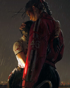 2girls arm_over_shoulder black_gloves black_pants blood blood_on_arm blood_on_clothes chinese_clothes gloves guweiz hand_on_another&#039;s_head highres jacket long_sleeves multiple_girls night night_sky original outdoors pants puffy_long_sleeves puffy_sleeves rain red_jacket shirt short_sleeves sky white_shirt