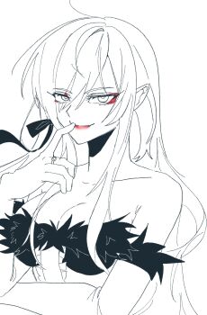 Rule 34 | 1girl, absurdres, bare shoulders, breasts, cleavage, collarbone, commentary request, dress, elbow gloves, eyeshadow, feather-trimmed dress, feather-trimmed gloves, feather trim, frilled dress, frills, gloves, hair ribbon, highres, jewelry, kiss-shot acerola-orion heart-under-blade, kizumonogatari, large breasts, long hair, looking at viewer, makeup, meiwentifine, monogatari (series), oshino shinobu, pointy ears, red eyeshadow, red lips, ribbon, ring, simple background, smile, solo, strapless, strapless dress, vampire, very long hair