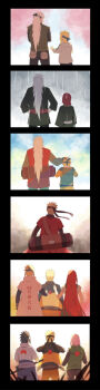 2girls 5boys age_progression character_request child denka_(cloudy-gray) facing_away family father_and_son fighting_stance from_behind hand_on_another's_back haruno_sakura headpat highres jiraiya_(naruto) long_hair mother_and_son multiple_boys multiple_girls naruto_(classic) naruto_(series) naruto_shippuuden ninja progression rain sequential standing uchiha_sasuke uzumaki_kushina uzumaki_naruto very_long_hair white_hair