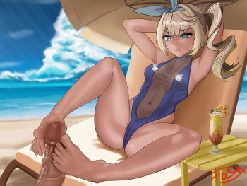 Rule 34 | 1girl, barefoot, beach, blonde hair, blue eyes, chair, clenched teeth, cocktail glass, cup, drinking glass, feet, footjob, fos1x, girls' frontline, girls' frontline 2: exilium, hairband, highres, light blush, long hair, lounge chair, parasol, sharkry (girls' frontline 2), side ponytail, teeth, toes, umbrella