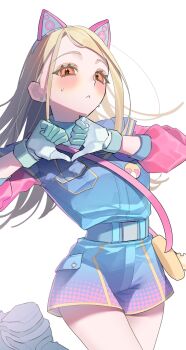 Rule 34 | 1girl, :<, animal ears, blonde hair, blush, cat ears, commentary request, fake animal ears, gakuen idolmaster, gloves, heart, heart hands, highres, idolmaster, jacket, long hair, looking at viewer, orange eyes, shine asahi, shinosawa hiro, short shorts, shorts, solo, sweatdrop