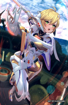 1girl android artist_name blonde_hair blush breasts cyborg dual_wielding fiora_(xenoblade) full_body green_eyes hair_between_eyes highres holding kamaniki mecha-fiora medium_breasts open_mouth outdoors short_hair solo sword weapon xenoblade_chronicles_(series) xenoblade_chronicles_1