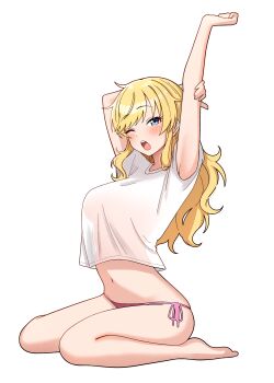 1girl absurdres bikini bikini_bottom_only blonde_hair blue_eyes blush breasts commentary_request full_body groin highres idolmaster idolmaster_cinderella_girls long_hair looking_at_viewer medium_breasts navel niban_(puka_0507) no_bra no_pants ohtsuki_yui one_eye_closed open_mouth pink_bikini see-through_clothes see-through_shirt shirt side-tie_bikini_bottom sitting solo stretching string_bikini swimsuit thighs wavy_mouth wavy_sidelocks white_background white_shirt yawning