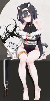 1girl absurdres amber_(stella_sora) animal_ears asymmetrical_sleeves bare_legs bare_shoulders bell black_hair chinese_clothes commentary expressionless fake_animal_ears full_body gjz1227 hair_between_eyes highres jingle_bell looking_at_viewer mismatched_sleeves official_alternate_costume solo stella_sora tiger white_tiger yellow_eyes