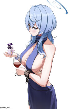 1girl absurdres ahoge ako_(blue_archive) ako_(dress)_(blue_archive) black_halo blue_archive blue_dress blue_eyes blue_hair breasts chibi demon_girl demon_horns demon_wings dress halo highres hina_(blue_archive) hina_(pajamas)_(blue_archive) horns katachi large_breasts long_hair low_wings medium_hair sideboob simple_background standing very_long_hair white_background white_hair wings