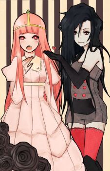 2girls adventure_time black_hair crown dress female_focus long_hair marceline_abadeer multiple_girls open_mouth pink_dress pink_hair princess_bonnibel_bubblegum red_eyes