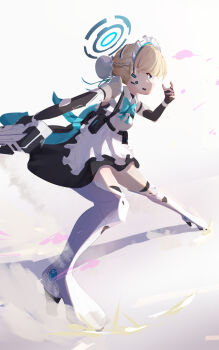 1girl apron back_bow bare_shoulders black_dress black_gloves blonde_hair blue_archive blue_bow blue_bowtie blue_eyes blue_halo blue_streaks boots bow bowtie braid bun_cover commentary dress fighting_stance fingerless_gloves frilled_apron frills from_side full_body gloves gun hair_bun half_up_braid halo hand_up highres holding holding_gun holding_weapon looking_ahead maid maid_apron maid_headdress multicolored_hair profile shaketamago short_dress sidelighting simple_background single_hair_bun smoke solo standing streaked_hair thigh_boots thighhighs toki_(blue_archive) weapon white_apron white_background white_boots white_gloves zettai_ryouiki