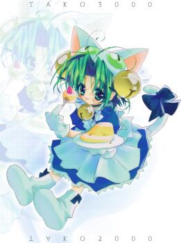 Rule 34 | 1girl, 2000s (style), absurdres, animal ears, animal hat, apron, artist name, bell, bow, cake, cake slice, cat ears, cat hat, cat tail, dejiko, di gi charat, dress, faux retro artstyle, food, foodification, fork, fruit, gema, green eyes, green hair, hair bell, hair ornament, hat, highres, holding, holding fork, holding plate, jingle bell, koge donbo (style), looking at viewer, mittens, neck bell, official style, parted bangs, plate, short hair, short sleeves, smile, solo, strawberry, tail, tail bow, tail ornament, tako3000, variant set, white mittens, zoom layer