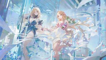 2girls bare_shoulders blonde_hair blue_dress blue_eyes blue_petals breasts cartethyia_(wuthering_waves) chromatic_aberration closed_mouth commentary_request dress fleurdelys_(wuthering_waves) high_heels highres horns korean_commentary large_breasts long_hair looking_at_viewer modare multiple_girls official_alternate_costume parted_lips pelvic_curtain petals pink_shoes pointy_ears shoes side_slit single_horn smile tacet_mark_(wuthering_waves) very_long_hair white_dress wuthering_waves yellow_horns
