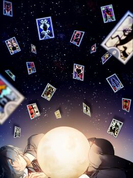 1boy black_jacket black_pants black_ribbon blue_eyes blue_hair blurry blurry_foreground card commentary_request death_(tarot) feet_out_of_frame floating_card full_moon hair_over_one_eye highres jacket judgement_(tarot) justice_(tarot) looking_at_viewer lor_(roasyerizyonirapi) lying moon on_side pants parted_lips persona persona_3 ribbon short_hair sky solo star_(sky) starry_sky starry_sky_background strength_(tarot) tarot tarot_card temperance_(tarot) the_chariot_(tarot) the_devil_(tarot) the_empress_(tarot) the_fool_(tarot) the_hanged_man_(tarot) the_hermit_(tarot) the_hierophant_(tarot) the_high_priestess_(tarot) the_lovers_(tarot) the_magician_(tarot) the_moon_(tarot) the_star_(tarot) the_sun_(tarot) the_tower_(tarot) wheel_of_fortune_(tarot) yuuki_makoto_(persona_3)