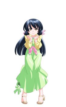 1girl angry anime_coloring black_hair breasts clenched_hands closed_mouth cropped_jacket dress full_body game_asset green_dress hair_ribbon hands_up highres hiiragi_mako jacket large_variant_set layered_clothes long_dress long_hair long_sleeves mahotama maki_daikichi medium_breasts official_art orange_eyes pink_sash ribbon sandals sash simple_background solo standing tachi-e tareme third-party_source transparent_background v-shaped_eyebrows variant_set visual_novel_cg yellow_jacket