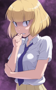 1girl biting biting_own_thumb black_eyes blonde_hair blunt_bangs bob_cut breasts collared_shirt commentary_request hand_up highres ichikawa_masahiro looking_at_viewer nail_polish necktie pink_nails pleated_skirt purple_background purple_necktie school_uniform shirt shirt_tucked_in short_hair short_sleeves skirt solo teeth thumb_to_mouth uchi_emiri unusually_open_eyes upper_body watashi_ga_motenai_no_wa_dou_kangaetemo_omaera_ga_warui! white_shirt yellow_skirt
