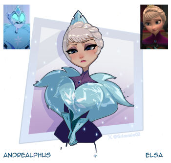 1girl absurdres andrealphus_(helluva_boss) andrealphus_(helluva_boss)_(cosplay) blonde_hair blue_eyes coat cosplay cropped_legs crown elsa_(frozen) frozen_(disney) fur_coat gem gloves green_gloves grimmie02 hellaverse helluva_boss highres looking_at_viewer short_hair solo white_background