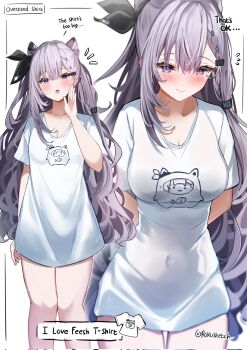 1girl arms_behind_back black_bow blush bow braid breasts cleavage commentary covered_navel english_text feet_out_of_frame fish flying_sweatdrops grey_eyes grey_hair hair_between_eyes hair_bow hand_up highres hololive hololive_indonesia large_breasts long_hair meme open_mouth oversized_clothes oversized_shirt pajamas_challenge_(meme) rokusketch roman_numeral shirt signature simple_background single_sidelock smile symbol-only_commentary t-shirt thigh_gap thighs vestia_zeta virtual_youtuber wavy_hair white_background white_shirt