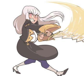 blush clenched_teeth davewaterfalls electricity fire_emblem fire_emblem:_three_houses levin_sword long_hair lysithea_von_ordelia nintendo pink_eyes school_uniform simple_background straight_hair sweat swinging_weapon sword teeth weapon white_hair