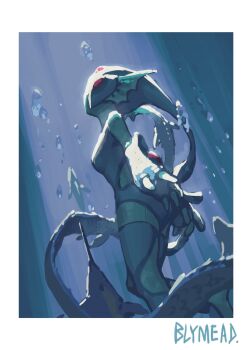 1girl air_bubble bare_shoulders blue_helmet blue_leggings blue_one-piece_swimsuit bly_mead bubble clothing_cutout colored_skin detached_leggings digimon digimon_(creature) digimon_frontier fins frog_girl green_skin head_fins helmet highres leggings monster_girl one-piece_swimsuit ranamon swimming swimsuit underwater