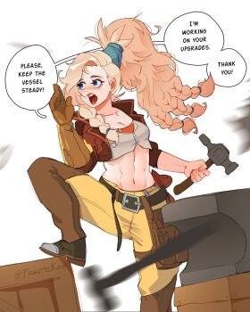 1girl absurdres adjusting_goggles blonde_hair braid cropped_jacket english_text fluffy_hair frantic_(frantickohi) gemma_(monster_hunter_wilds) gloves hair_ornament hair_scrunchie highres jacket lapels leather leather_belt leather_jacket makeup monster_hunter_(series) monster_hunter_wilds multiple_braids notched_lapels patch ponytail red_tube_top runny_makeup scrunchie shoulder_patch single_bracer solo strapless tools tube_top